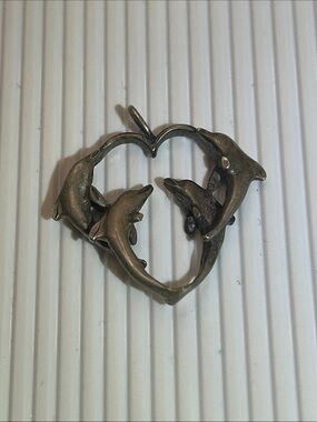 Vintage Sterling Dolphin Heart Pendant Necklace - Sterling Silver